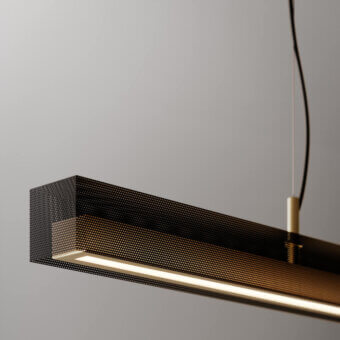 Superior VENICEM Urban Lightline suspension lamp with burnished brass and matt black perforated metal mesh construction