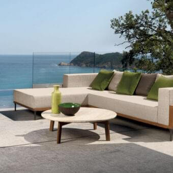 Exceptional Talenti Cleo coffee table with creamy beige marble tabletop and satin-finish teak wood base