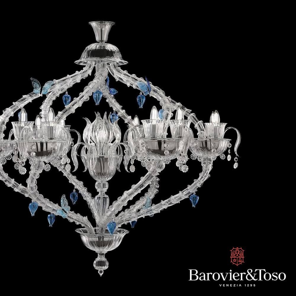 Barovier&Toso chandelier, clear glass, branching structure with blue accents; Murano lighting collection, Venezia 1295, 2020.
