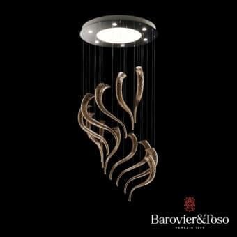 Exceptional Barovier&Toso Swing ceiling lamp with curving glass structures and a sleek chrome canopy exhibiting a warm golden-amber satin glow