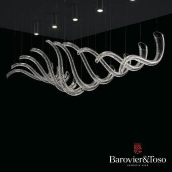 Exceptional Barovier&Toso Swing ceiling lamp crafted in clear Murano glass with sleek chrome and thin steel cables
