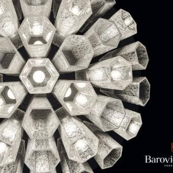 Superior Barovier&Toso Trim ceiling lamp crafted in hexagonal Murano glass tubes with a bright textured white finish