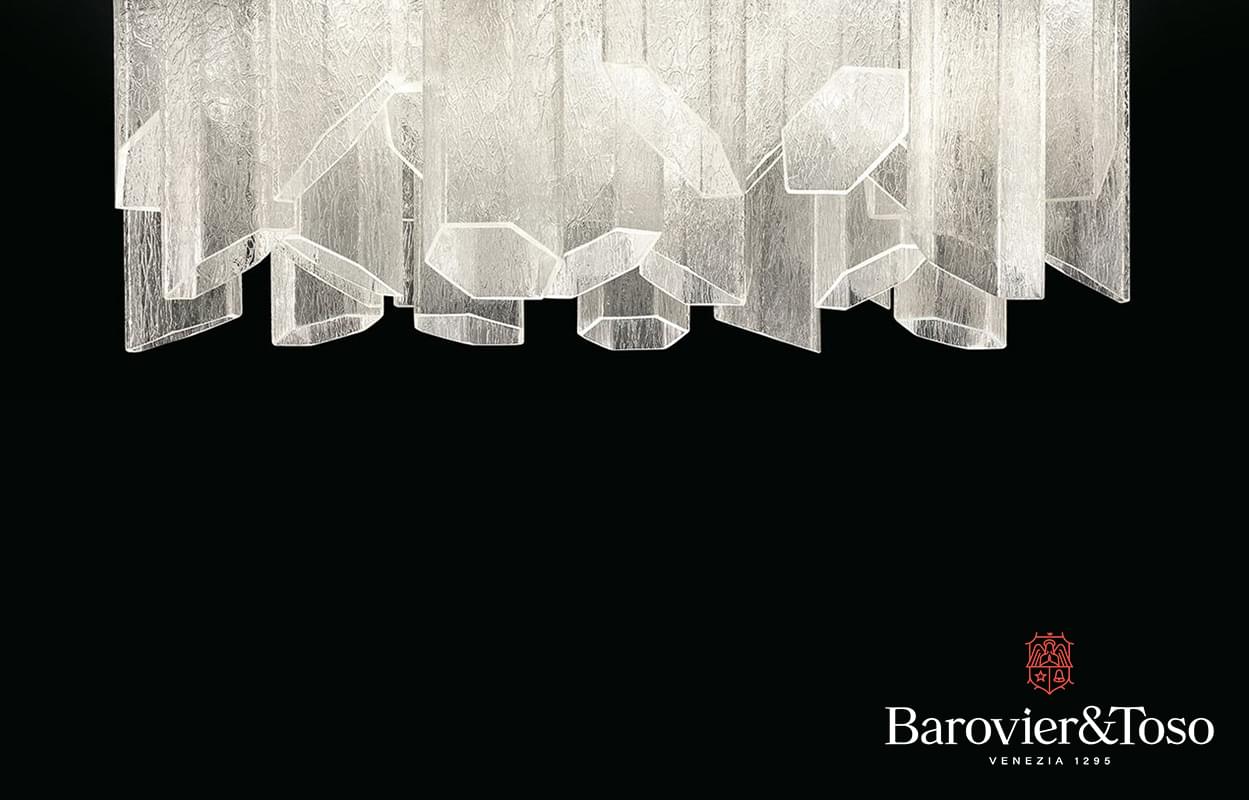 Distinguished Barovier&Toso Trim ceiling lamp crafted in unique hexagonal Murano glass tubes with clear textured glass elements