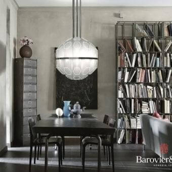 Captivating Barovier&Toso Trim suspension lamp crafted in Murano glass with a frosted white finish and geometric diffusion