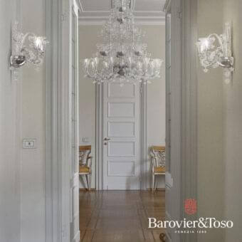Exceptional Barovier&Toso Venezia 1925 wall lamp crafted in transparent glass with a glossy finish exhibiting ornate floral-inspired arms