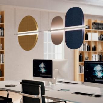 Superior Penta Hang Out suspension lamp with oval panels in dark blue textile and satin light gold metal finish