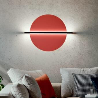 Captivating Penta Hang Out wall lamp with a circular body, dark gray metallic band and rectangular light panel in a reddish-orange synthetic material