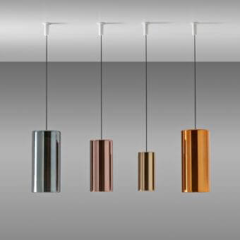 Exclusive Penta Lit suspension lamp with cylindrical form in rose-gold mirroring glass and striped sandblasted glass finish