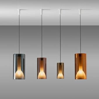Captivating Penta Lit suspension lamp with mirroring and striped sandblasted glass shades in gradient greyish blue, light brown, and orange-brown tones