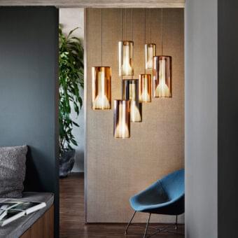 Exclusive Penta Lit suspension lamp with cylindrical striped sandblasted glass and mirroring amber finish