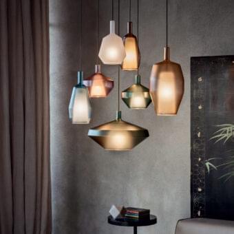 Superior Penta MoM suspension lamp in translucent amber borosilicate glass and metal with satin finish