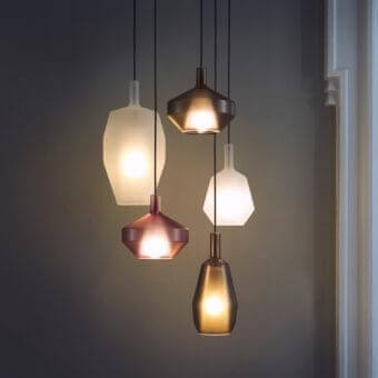 Exclusive Penta MoM suspension lamp crafted with metal and matt borosilicate glass in warm gold tones with a frosted milky white shade