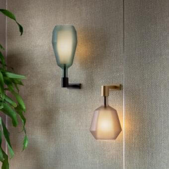 Distinguished Penta MoM wall lamp with hand-blown borosilicate glass shade and matte black metal mounting bracket