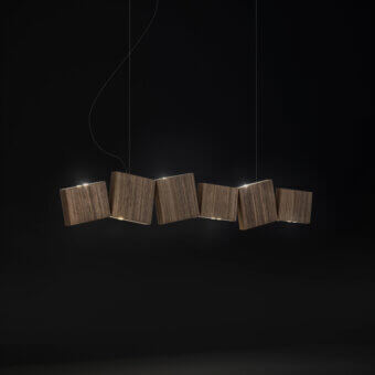 Distinguished Terzani Gaia suspension lamp in medium brown wood with matte finish casts vibrant light through geometric diffusers crafted in Italy