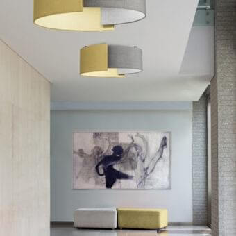 Distinguished Modo Luce Alco ceiling lamp crafted in light yellow and medium gray textile with subtle woven texture and matte finish