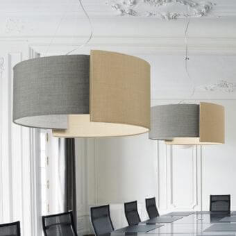 Distinguished Modo Luce Alco suspension lamp with embracing shapes and soft stitched textiles in medium gray and warm beige hues