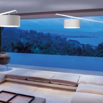Superior Modo Luce Angelica outdoor wall lamp with cantilevered aluminum arm and light textile lampshade in matte white finish