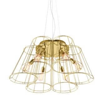 Modo Luce Florinda desnuda suspension lamp, brushed gold finish, circular hub with conical wireframe cages and Edison bulbs.