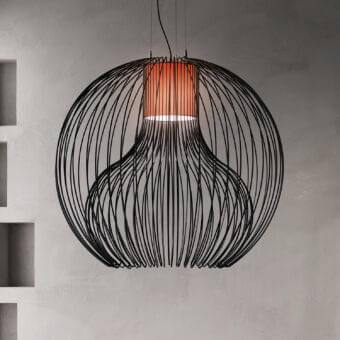 Exceptional Modo Luce Icaro Ball suspension lamp with a spherical cage built in painted steel wire and vibrant orange textile shade