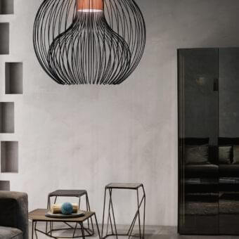 Captivating Modo Luce Icaro Ball suspension lamp with a spherical silhouette crafted in painted steel wire and vibrant orange stripe diffuser with matte finish