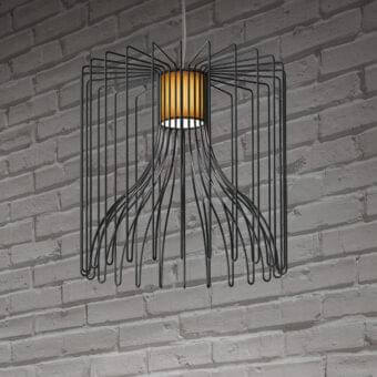 Superior Modo Luce Icaro suspension lamp with geometric black matt painted steel wire body and visible warm-toned cylindrical component