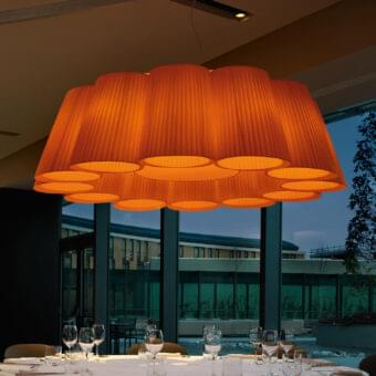 Exceptional Modo Luce Florinda suspension lamp with a clustered arrangement of textured orange shades crafted in Italy