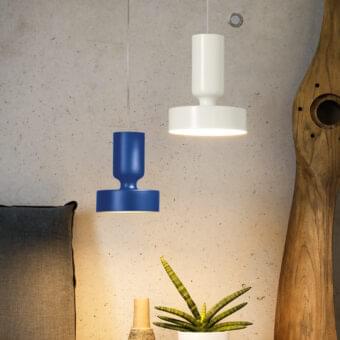 Exclusive Modo Luce Hammer suspension lamp with a deep blue finish and subtly curved lines crafted in Italy