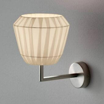 Distinctive Modo Luce Loto wall lamp with pleated off-white fabric lampshade and matte silver-gray metal arm crafted in Italy