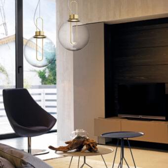 Exceptional Modo Luce Orb suspension lamp with smoked PMMA globe diffuser and galvanized brass circular component