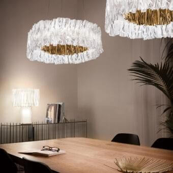 Distinguished Slamp Accordeon suspension lamp with hand-moulded Lentiflex® diffuser and crinkled gold material accents