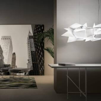Avant-garde Slamp Cordoba suspension lamp crafted from white techno-polymer with an intricate geometric structure and matte finish