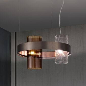 Distinguished Vistosi Armonia suspension lamp with intersecting rings and amber-toned glass diffusers in a matte dark bronze finish