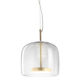 Exceptional Vistosi Jube suspension lamp with clear blown glass shade and sophisticated matte gold metal parts