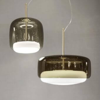 Distinguished Vistosi Jube suspension lamp with dark brownish-grey blown glass and matt gold metal connector crafted for gentle illumination