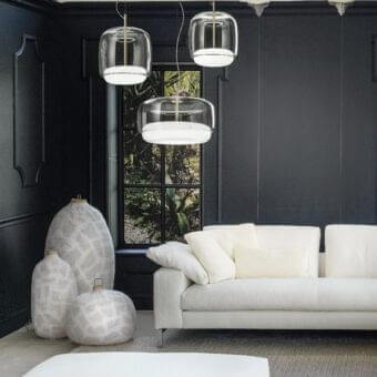 Elegant Vistosi Jube suspension lamp with clear blown glass and white matte inner diffuser in matt gold finish