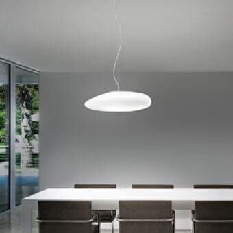 Refined Vistosi Neochic suspension lamp with a simple form and matt white glass lampshade suspended by a thin cable