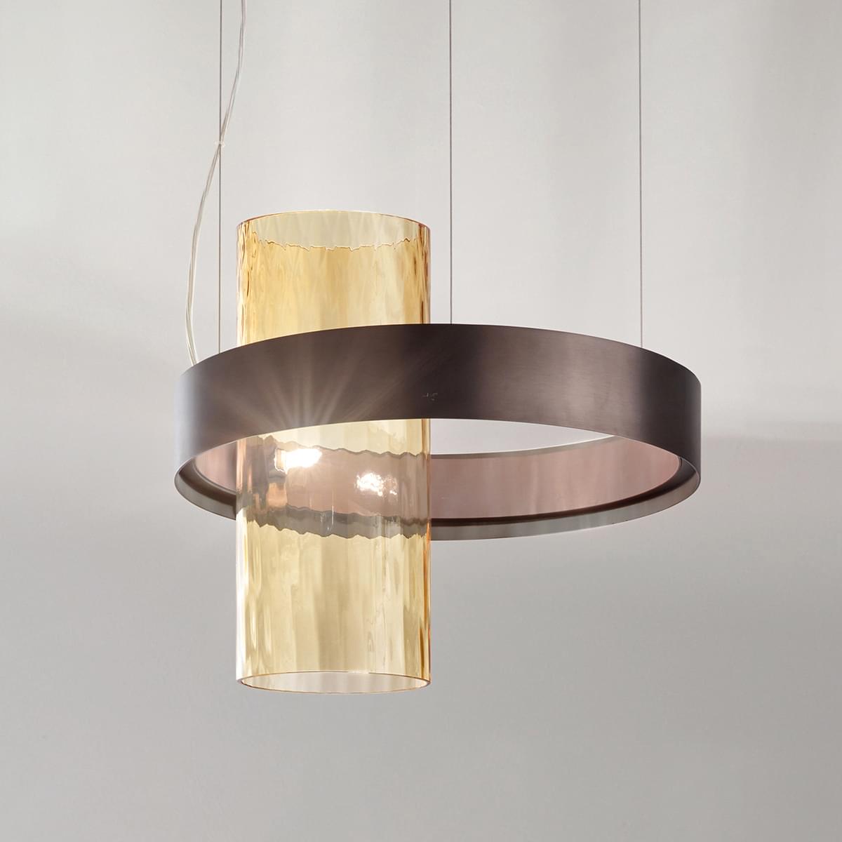 Pendant light, hammered gold glass, dual cylindrical shades with dark bronze metal band and silver suspension cords.