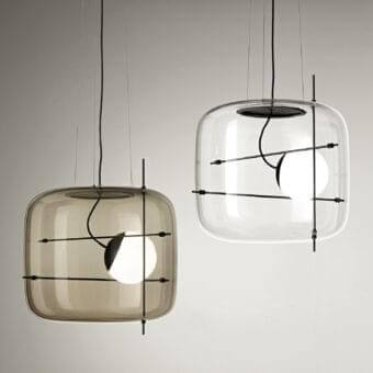 Sophisticated Vistosi Plot suspension lamp crafted in smoke-toned glass with black finished metal rods for focused illumination