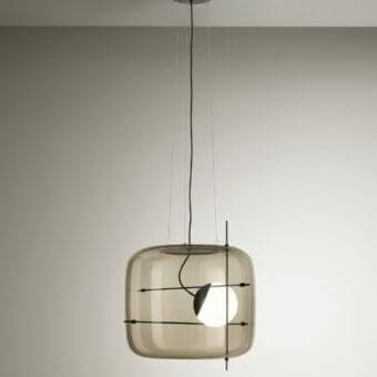 Distinguished Vistosi Plot suspension lamp with a smokey brown glass shade and intricate black metal rod frame