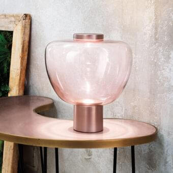 Exclusive Vistosi Riflesso table lamp in crystal and light amethyst translucent glass with satin-finish copper-toned metal support