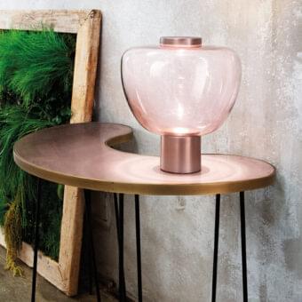 Exclusive Vistosi Riflesso lamp with a refined pink glass bubble and pink satin-finished metal base