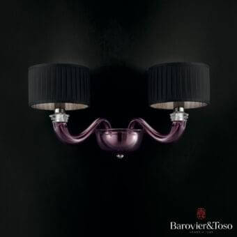 Elegant Barovier&Toso Alexandria wall lamp crafted in purple Murano glass with black pleated fabric shades and polished silver-toned metal supports