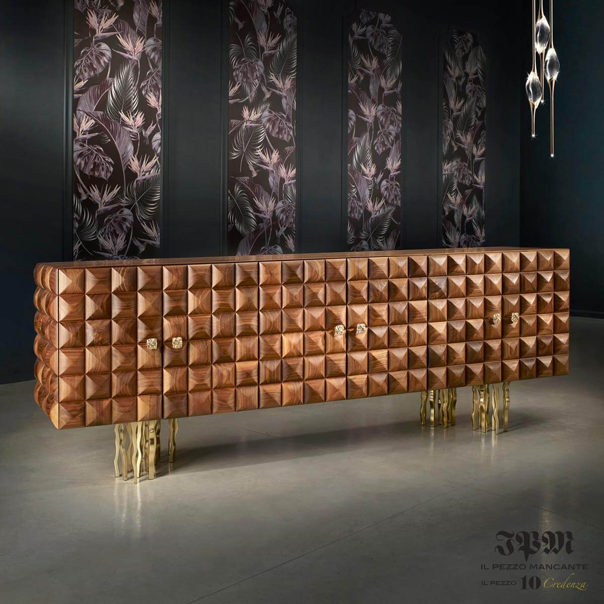 Il Pezzo Mancante credenza, wood and gold metal, rectangular block facade with varied grain and polished veneer top.