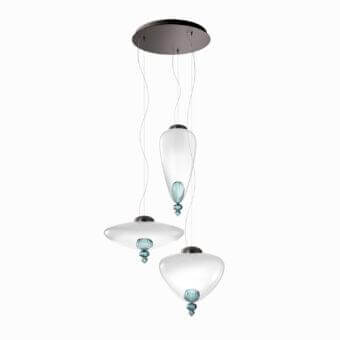 Distinguished Barovier&Toso Padma suspension lamp crafted in frosted glass with a sleek black metal canopy and translucent light blue components