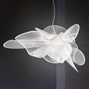 Superior Slamp La Belle Étoile suspension lamp, a lighting fixture built with matte white polymer wires and a cylindrical form