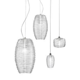 Exceptional Vistosi Damasco suspension lamp with ribbed transparent glass and satin nickel finish