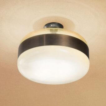 Elegant Vistosi Futura ceiling lamp handcrafted in Italy with muted off-white blown glass and dark bronze brushed metal band