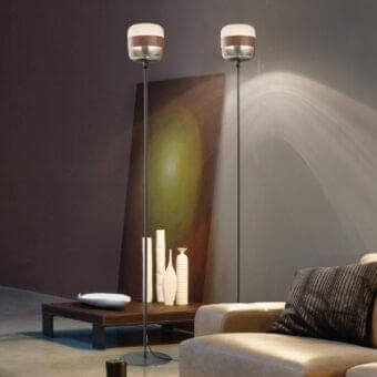 Distinguished Vistosi Futura floor lamp with hand-blown glass shade and satin metal stem built in chromatic contrast with glossy surfaces