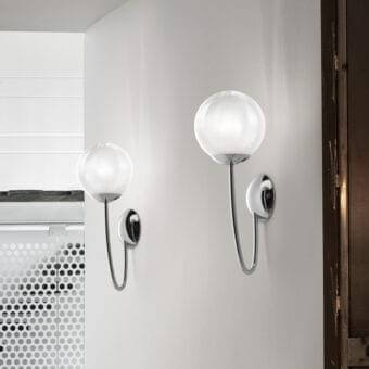 Refined Vistosi Puppet wall lamp crafted in Italy with white frosted glass and bright polished chrome components