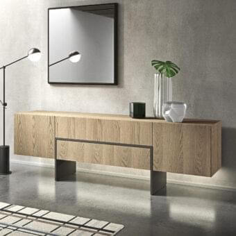 Distinguished Presotto Bridge sideboard crafted in warm medium-brown wood with a satin finish and dark metal base